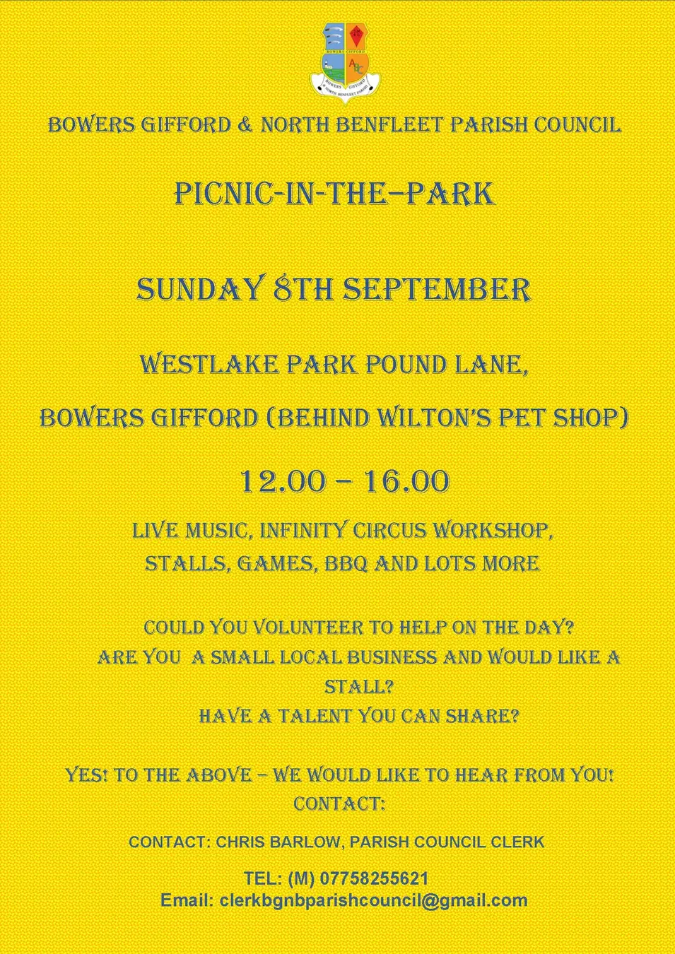 Poster for the pinci in the park on the 6th of September we'll be there alongside Live Music, Stalls, Games BBQ and more!